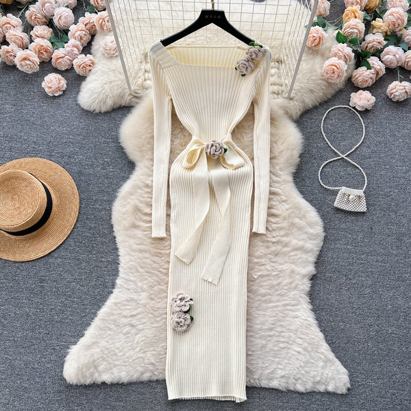 3d Floral Pit-stripe Stretchy Knitted Dress