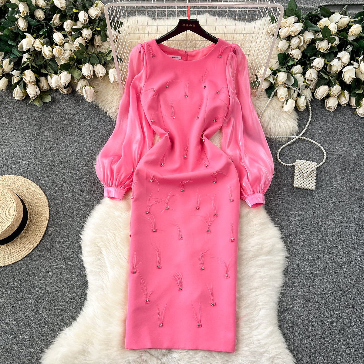 Rhinestone Studded Solid Color Dress