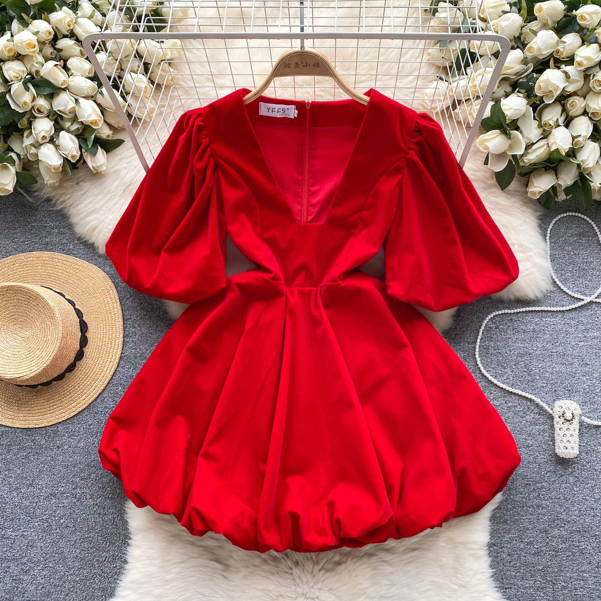 Vintage V-neck Puffy Suede Dress