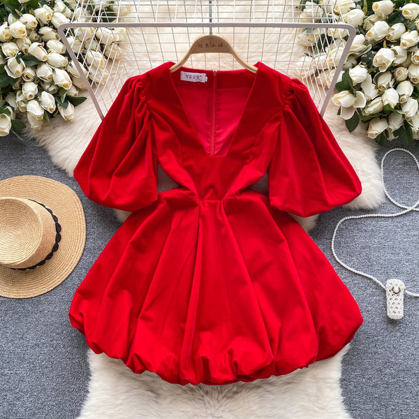 Vintage V-neck Puffy Suede Dress