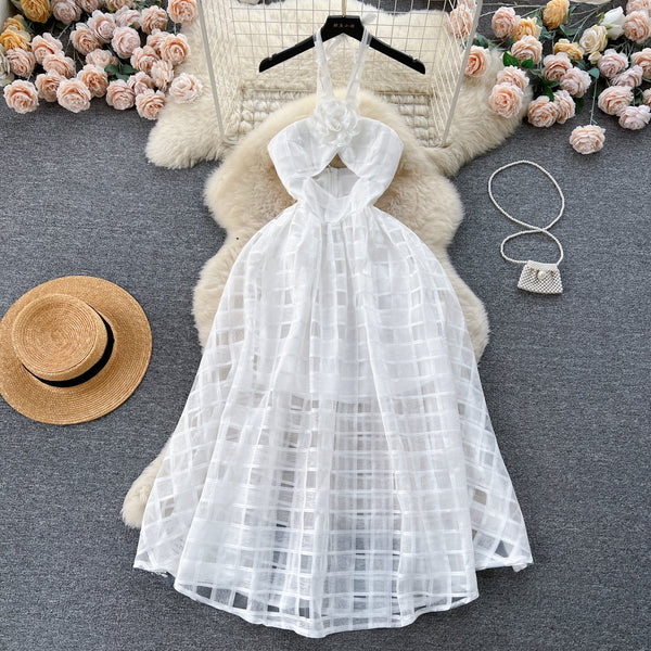 Hollowed Plaid White Halter Dress