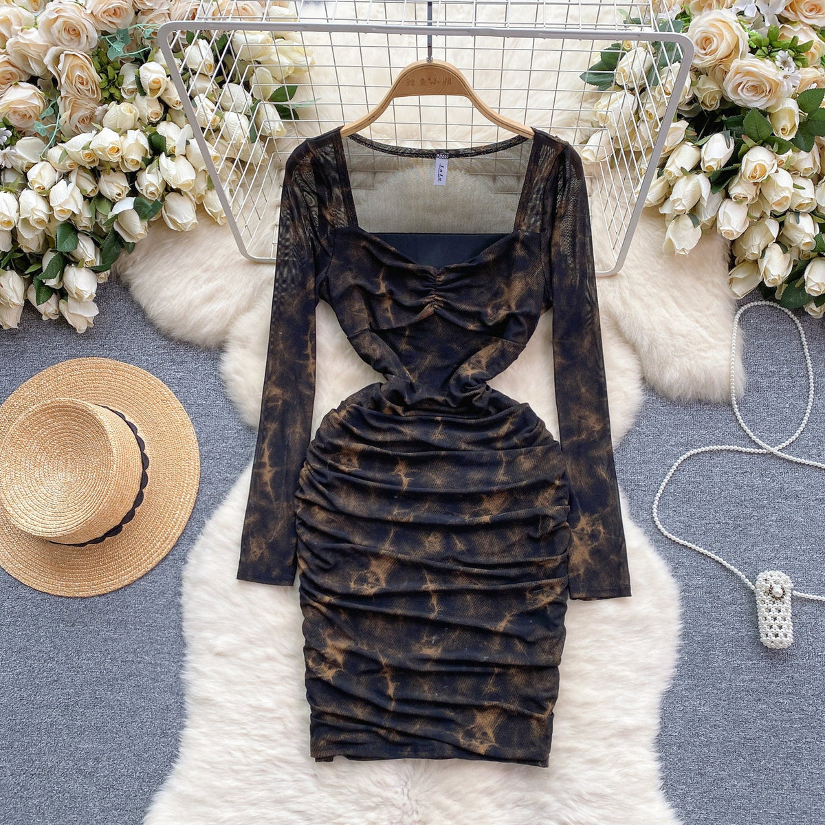 Square Neckline Printed Pleated Dress