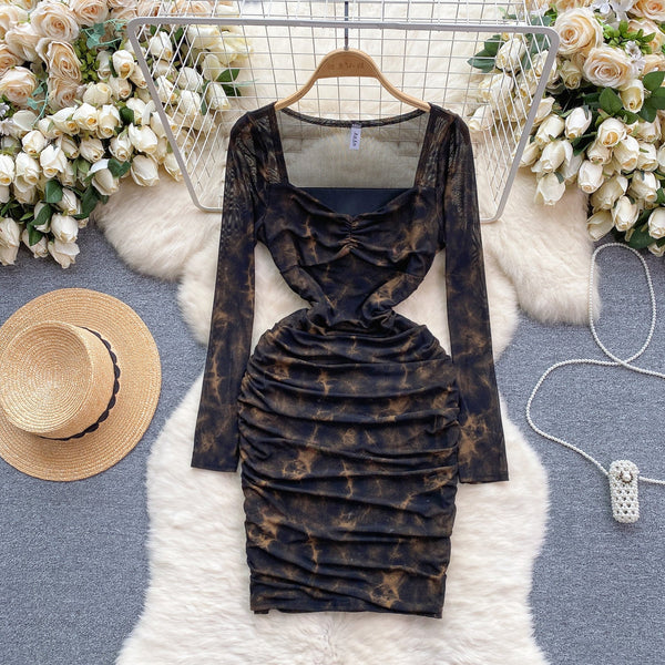Square Neckline Printed Pleated Dress