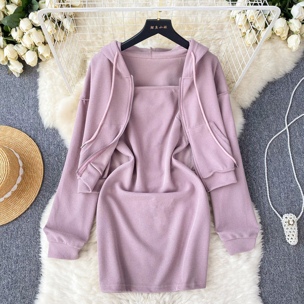 Slip Dress&Lace-up Hoodie 2Pcs
