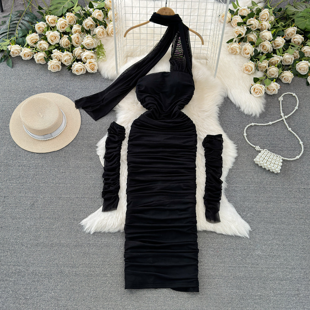 Pleated Mesh Dress with Detachable Sleeve