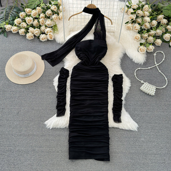 Pleated Mesh Dress with Detachable Sleeve
