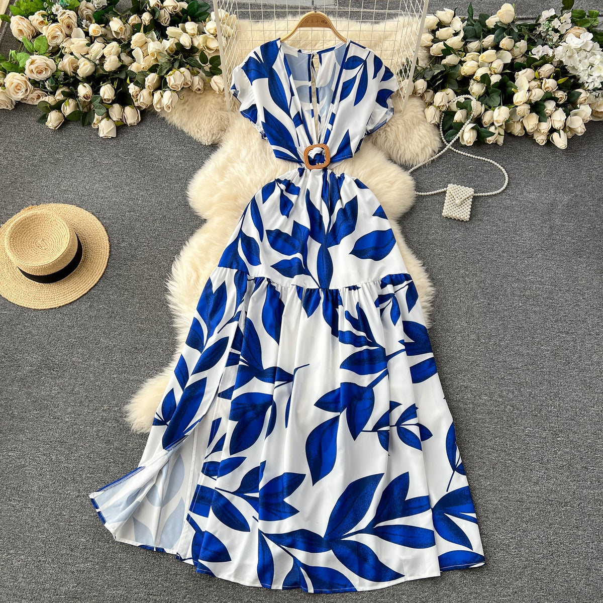 V-neck Hollowed Floral Chiffon Dress