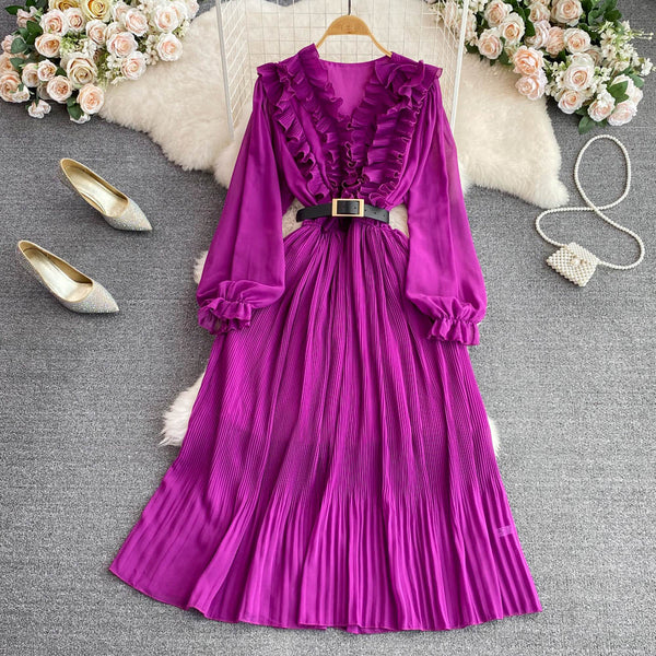 Vintage Ruffle Puffy Sleeve Pleated Dress