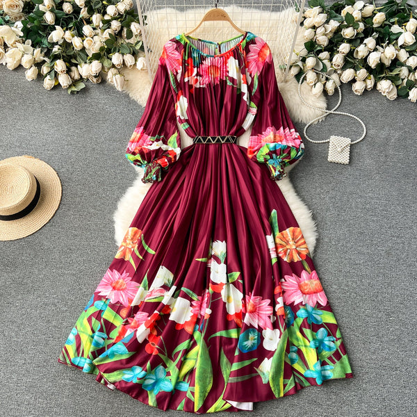 Courtly Flared Sleeve Floral Dress