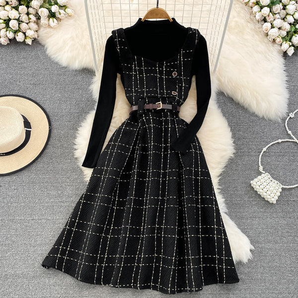 Bottoming Sweater&Plaid Tweed Dress 2Pcs