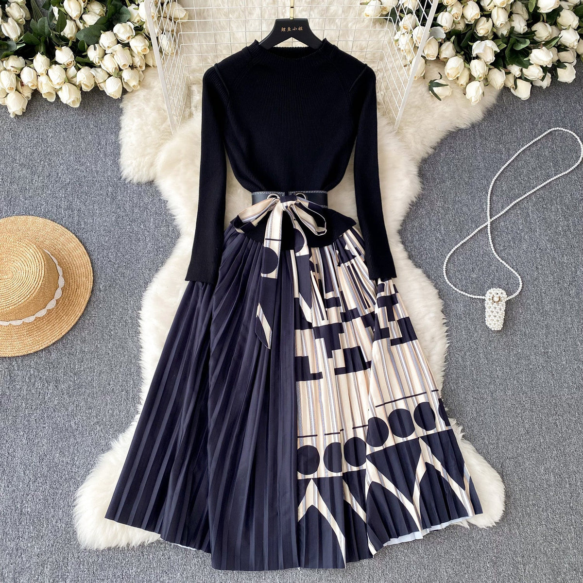 Lace-up Printed Pleated Knitted Dress