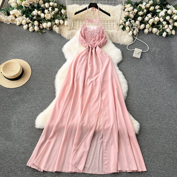 Embroidered Backless Split Halter Dress