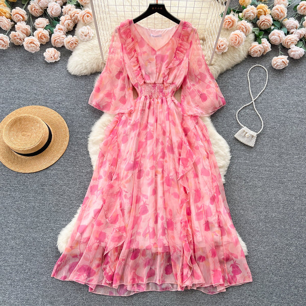 Sweet Ruffled Floral Chiffon Dress