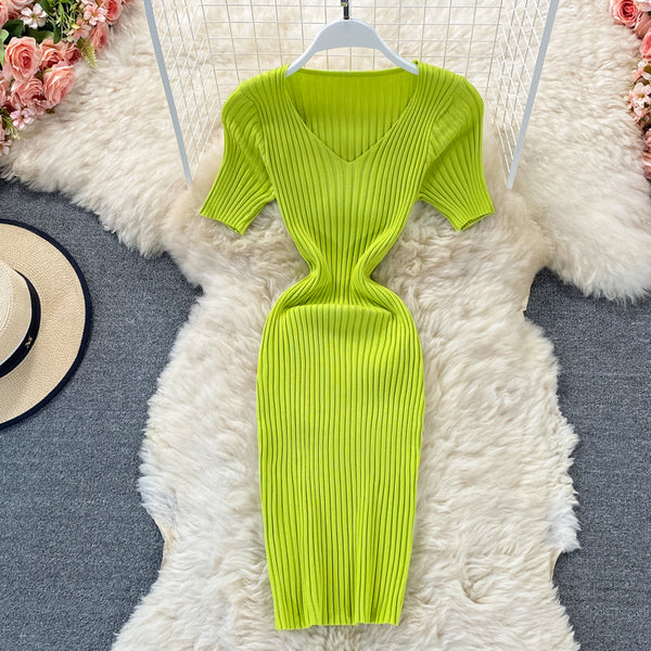 Solid Color V-neck Knitted Dress