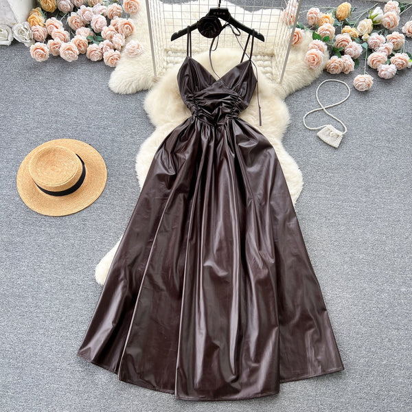 Floral Choker PU Pleated Slip Dress