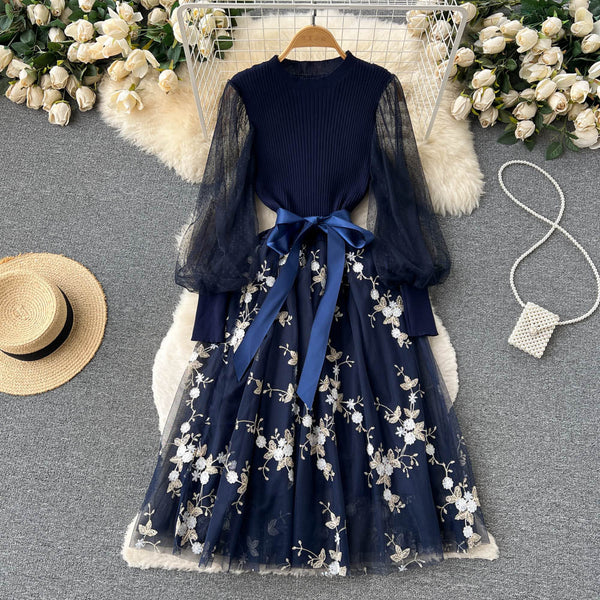 Embroidered Mesh Lace-up Black Dress
