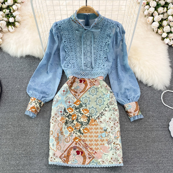 Patchwork Bubble Sleeve Faux Two-pieces Dress