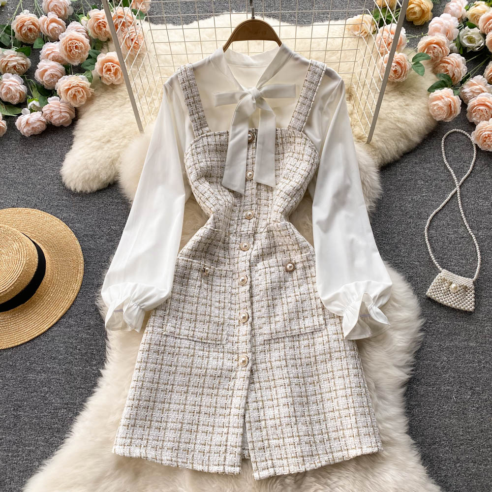 Bow-tie Tweed White Shirt&Plaid Dress