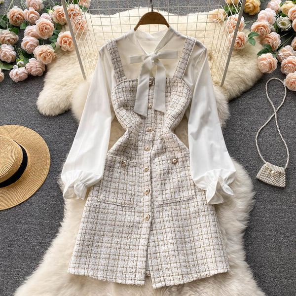 Bow-tie Tweed White Shirt&Plaid Dress