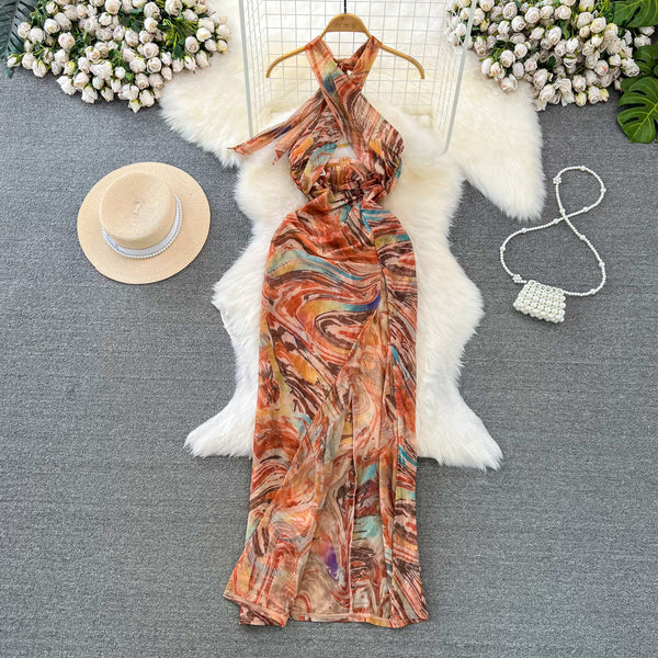 Elegant Tie-dye Backless Halter Dress