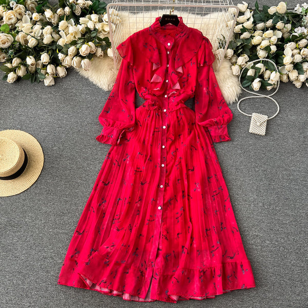 Courtly Pleated Floral Chiffon Dress