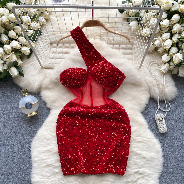 Slant Shoulder Sequin Mini Party Dress