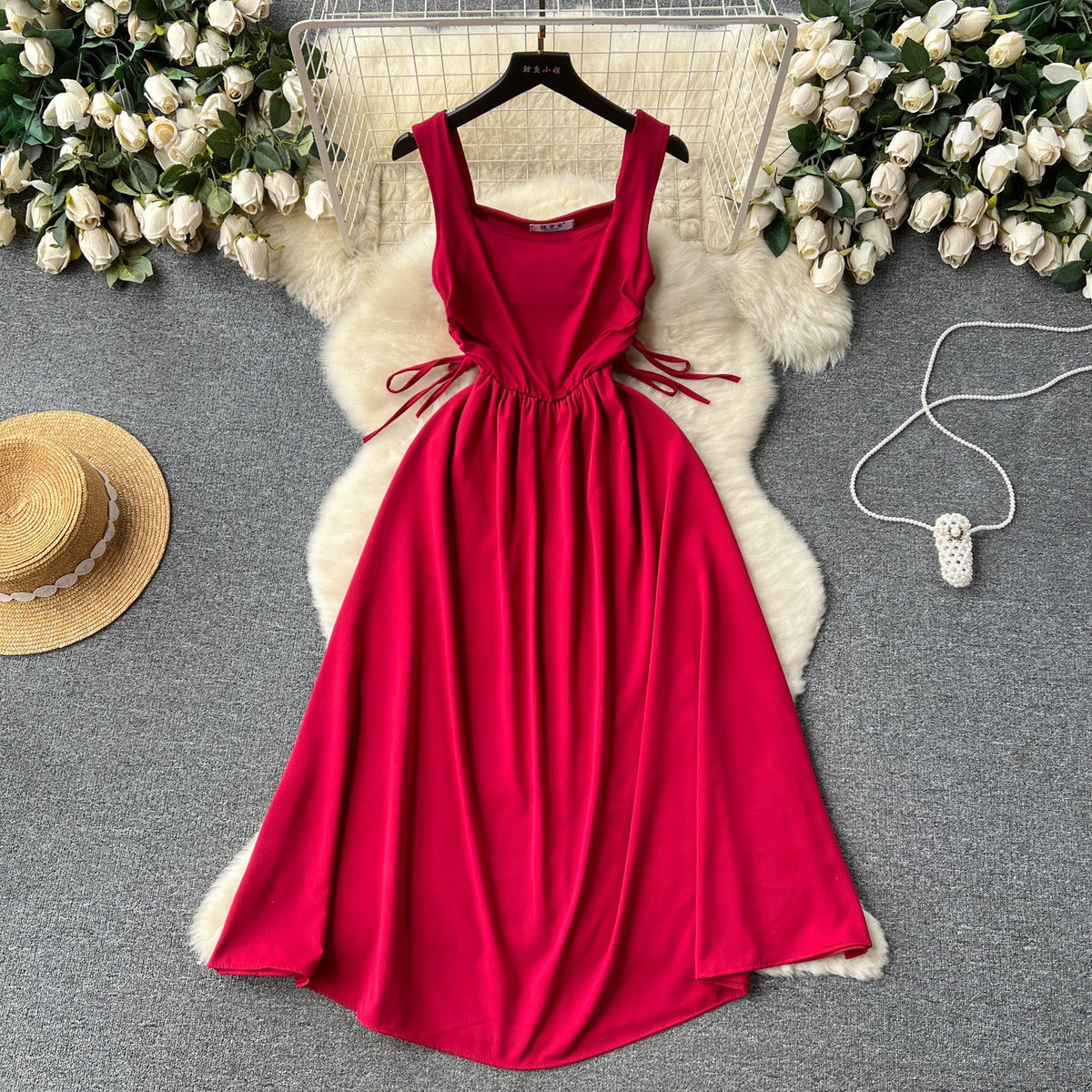 Square Collar Drawstring Slip Dress