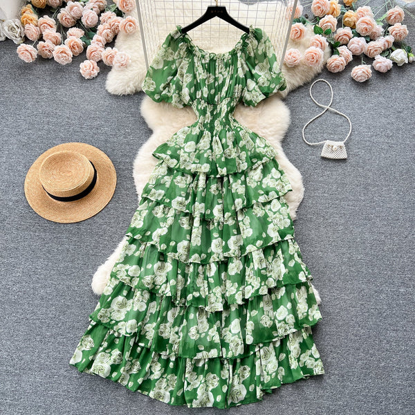 Vintage Puffy Sleeve Floral Cake Dress