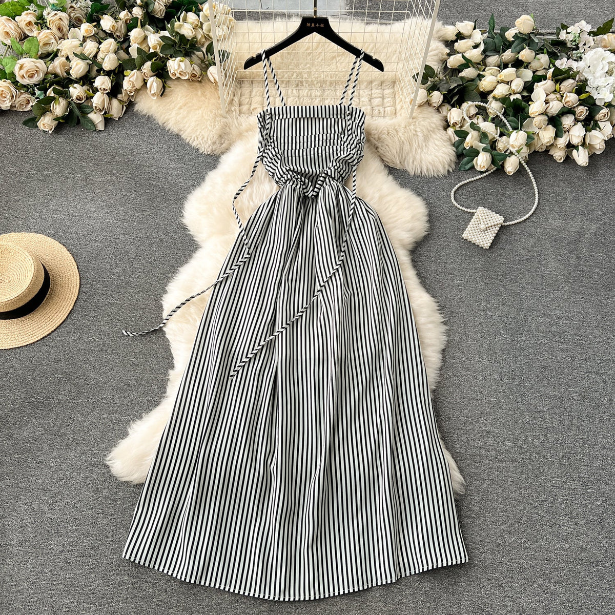 High-end Striped Pleated Slip Dress