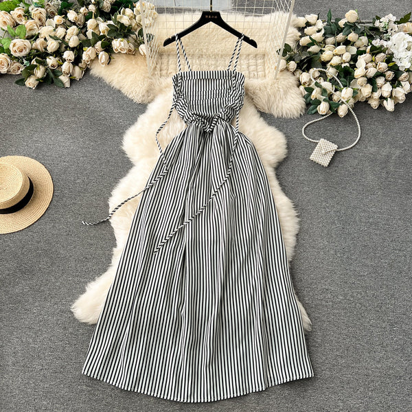High-end Striped Pleated Slip Dress