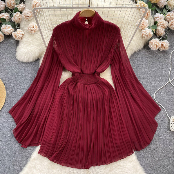 Premium Flared Sleeves Pleated Chiffon Dress