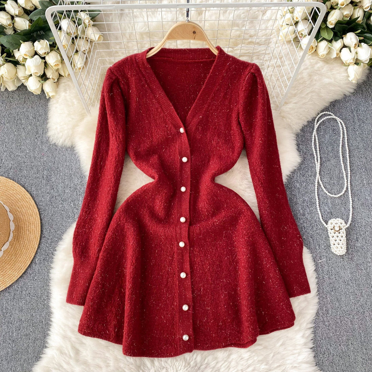 French Style V-neck Knitted Dress