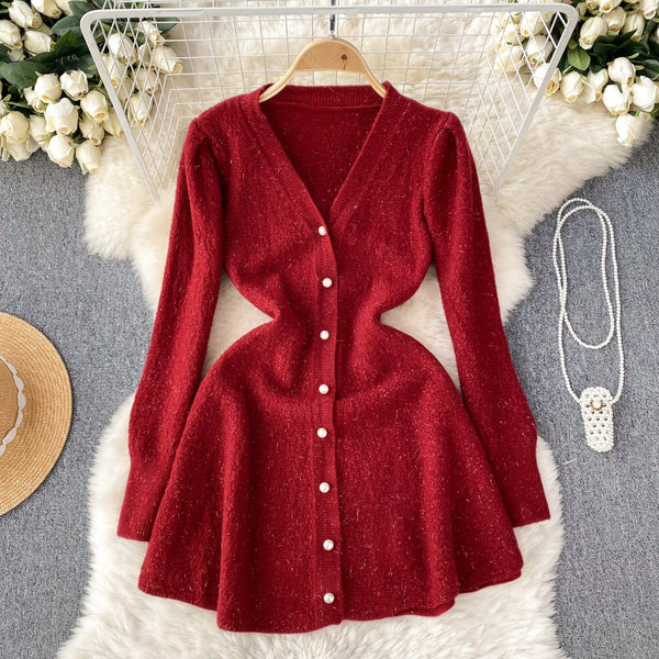 French Style V-neck Knitted Dress