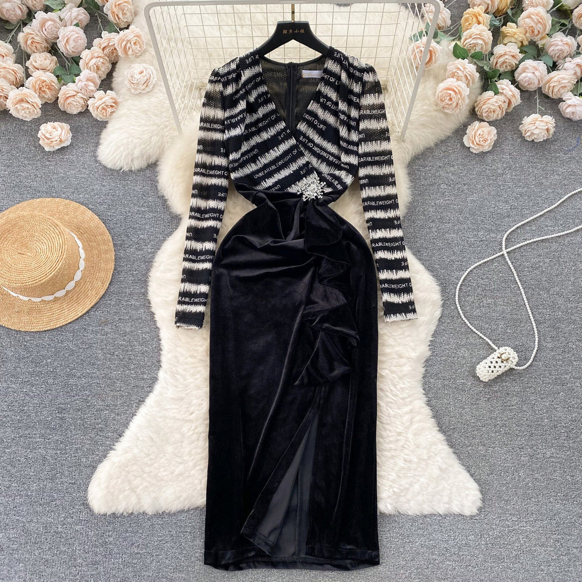 Mesh Patchwork Suede Split Black Dress