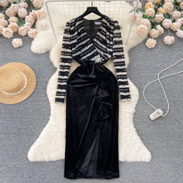 Mesh Patchwork Suede Split Black Dress