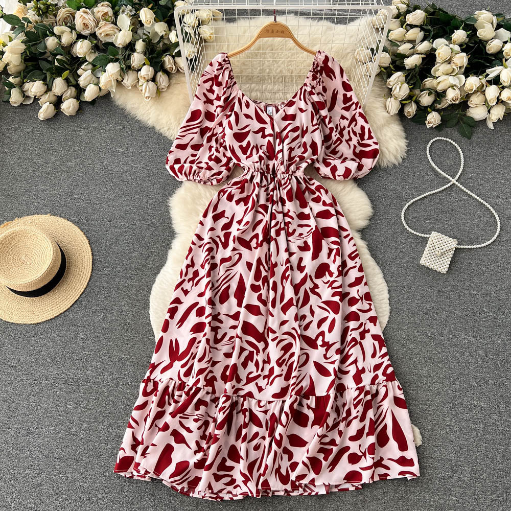 Square Neck Bubble Sleeve Floral Dress