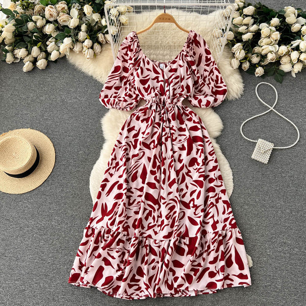 Square Neck Bubble Sleeve Floral Dress