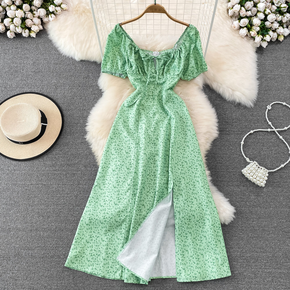 French Style Puff Sleeve Floral Dress