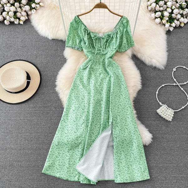 French Style Puff Sleeve Floral Dress