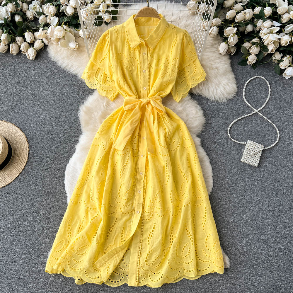 Lapeled Puff Sleeve Hollowed Dress