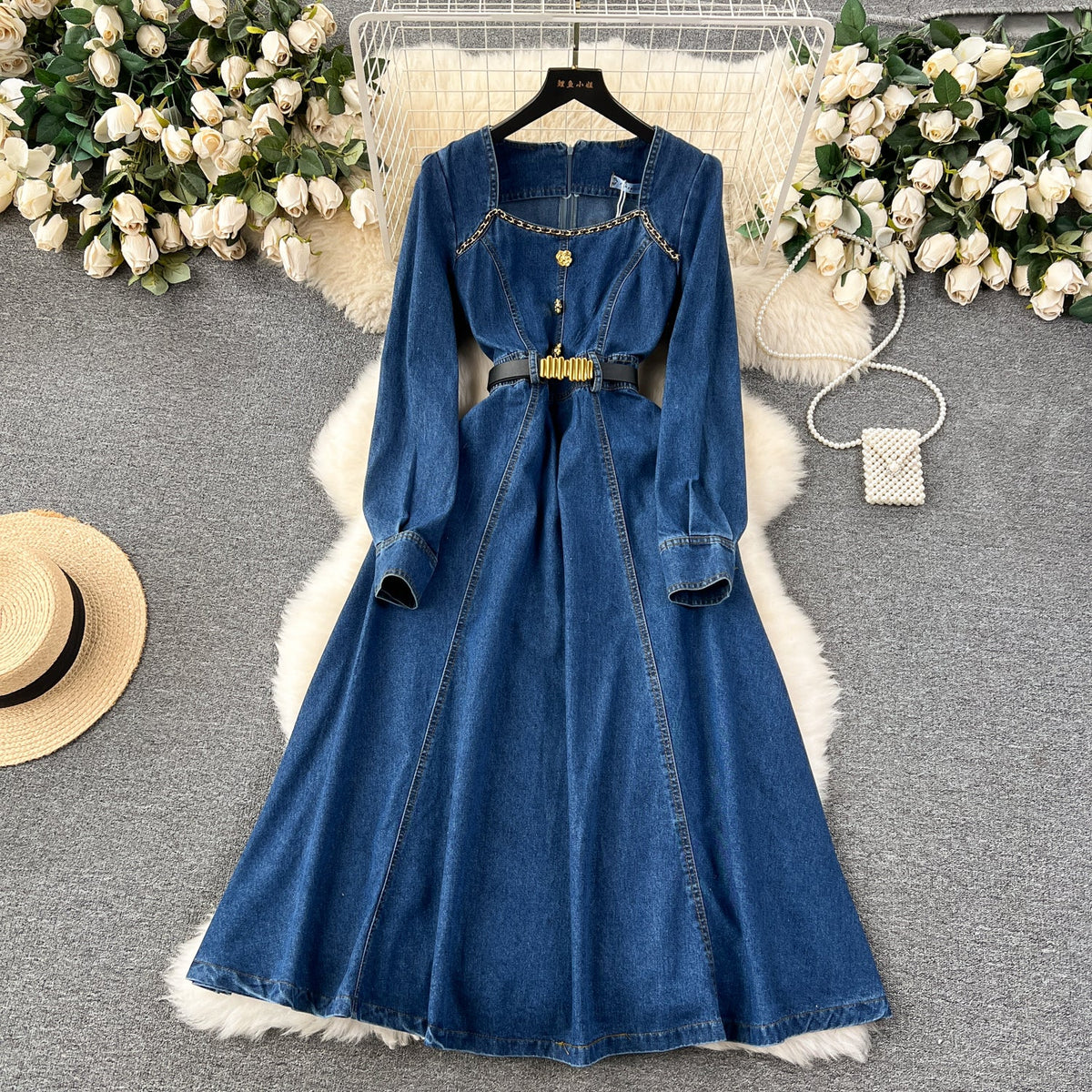 Vintage Square Collar Denim Dress