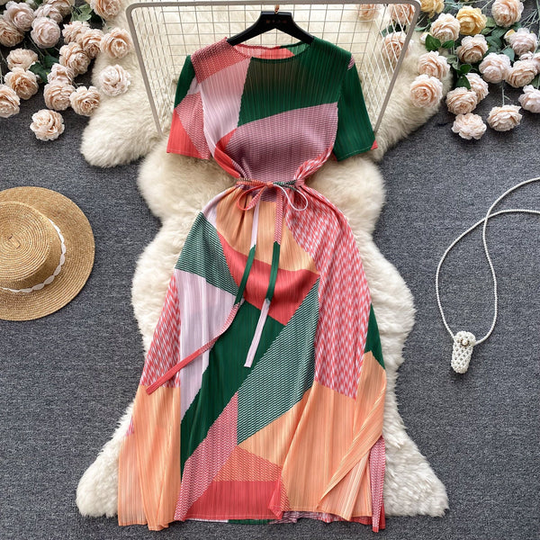 Lace-up Geometric Printed Pleated Dress