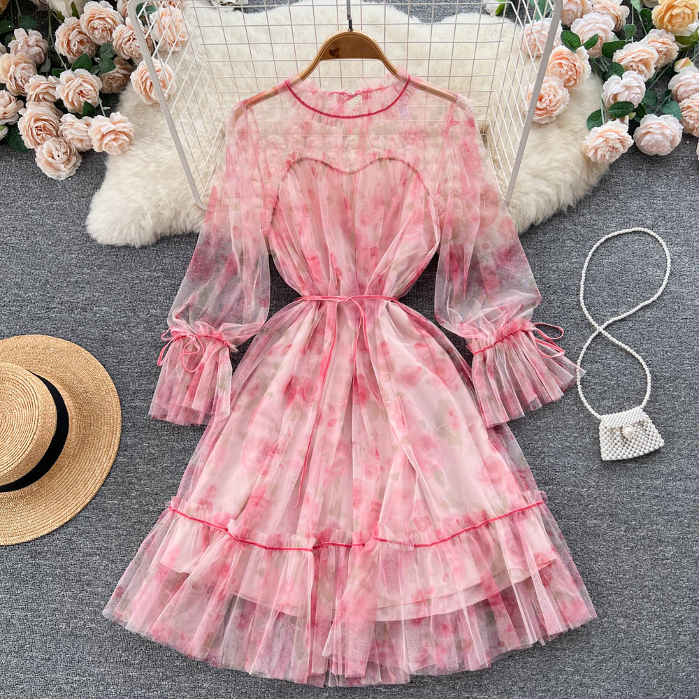 Niche See-through Mesh Floral Dress