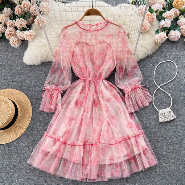 Niche See-through Mesh Floral Dress