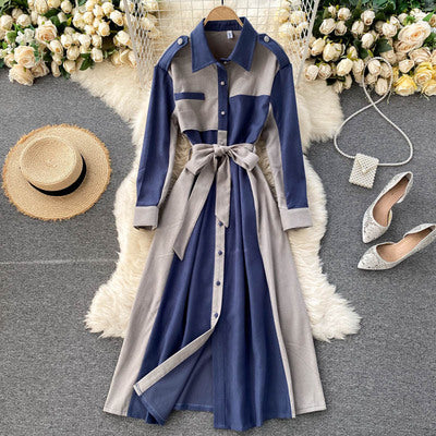 Lapel Patchwork Lace-up Coat Dress
