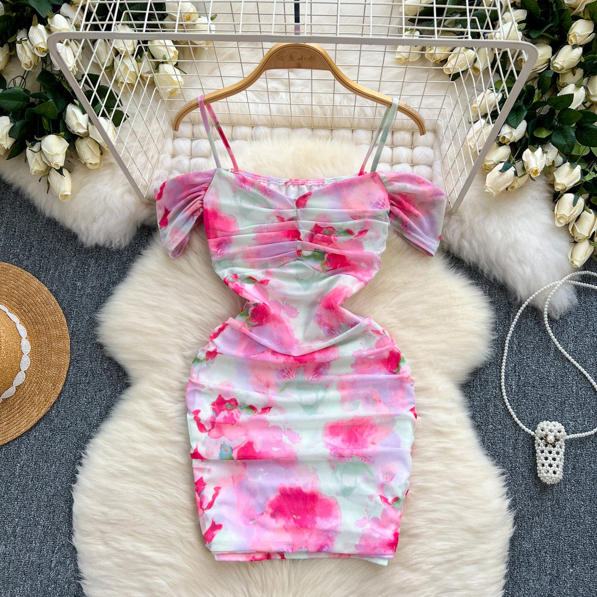 Irregular Printed Ruffled Slip Dress