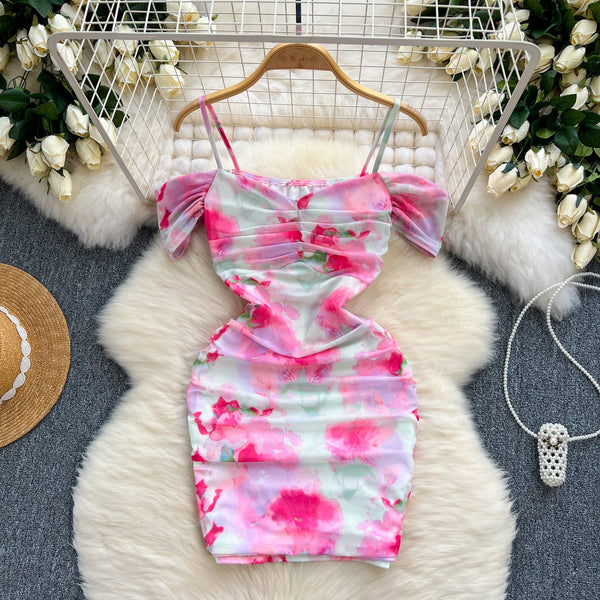 Irregular Printed Ruffled Slip Dress