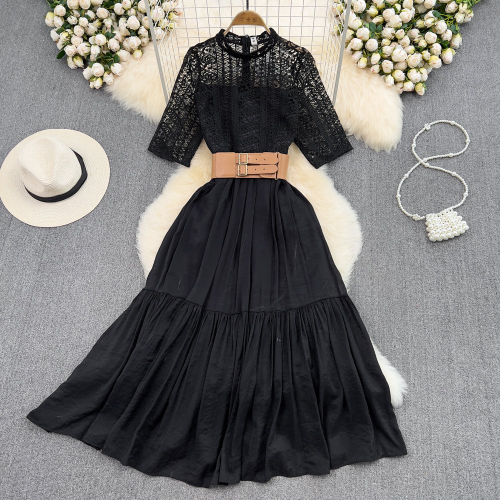 High-end Lapel Lace Patchwork Dress