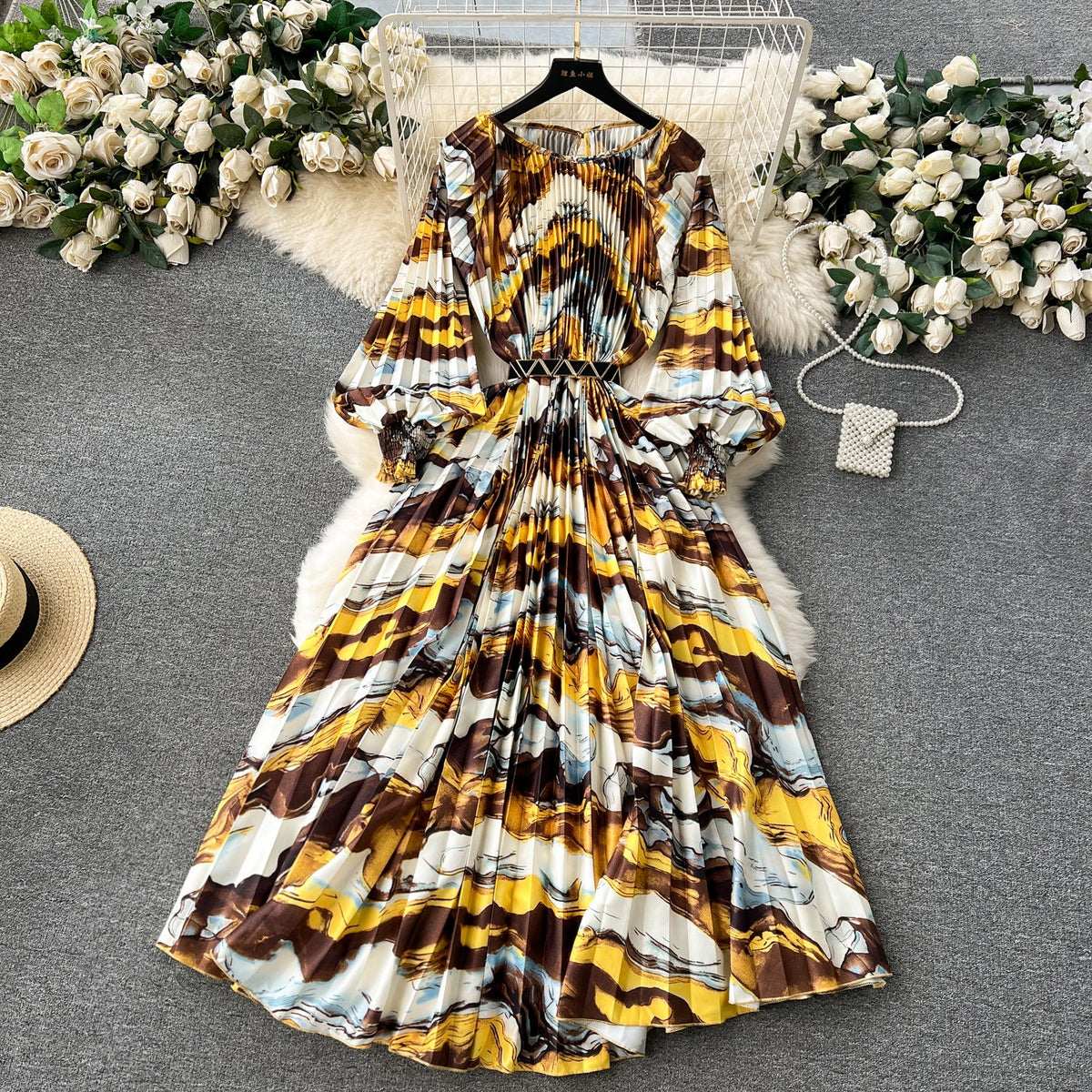 Puffy Sleeve Pleated Printed Dress