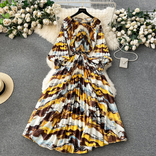 Puffy Sleeve Pleated Printed Dress